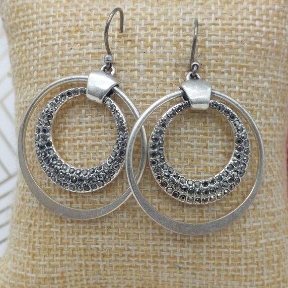 Silver Tone Double Hoop Earrings Marcasite Chip Hook Style 1.25" - Picture 1 of 7